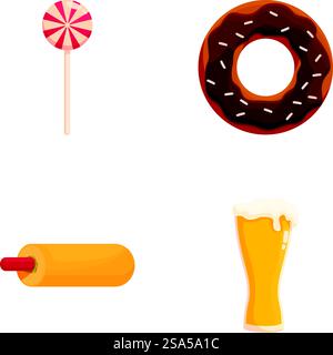 Illustration graphique d'une sucette, beignet, hot dog et tasse de bière, isolé sur blanc. Icônes vectorielles de friandises sucrées et de restauration rapide Illustration de Vecteur