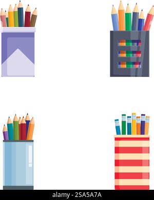 Quatre styles différents de porte-crayons remplis de crayons de couleur, graphique vectoriel. Ensemble d'illustration vectorielle colorée de porte-crayons Illustration de Vecteur
