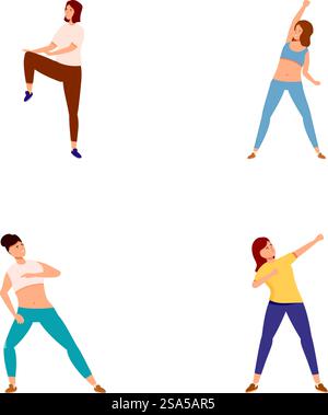 Ensemble de quatre illustrations montrant divers individus dans différentes poses de danse. Diverses personnes pratiquant des mouvements de danse Illustration de Vecteur