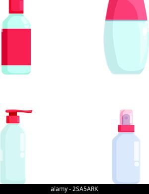 Collection de quatre dessins minimalistes de bouteilles cosmétiques, isolés sur fond blanc. Ensemble de diverses bouteilles pour cosmétiques Illustration de Vecteur