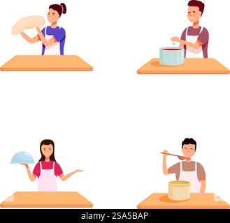 Ensemble de quatre illustrations vectorielles montrant des chefs de dessins animés engagés dans différentes étapes de la préparation des repas. Illustrations de cuisine maison, chefs préparant divers plats Illustration de Vecteur