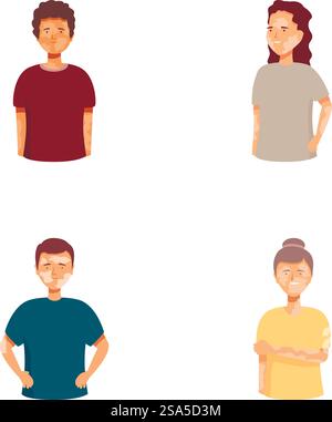 Illustrations vectorielles de quatre personnages de dessins animés divers debout avec des postures confiantes. Groupe diversifié de personnes de dessins animés debout Illustration de Vecteur