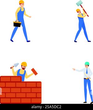 Les icônes de personnage de constructeur définissent le vecteur de dessin animé. Constructeur et entrepreneur masculin. Travail sur chantier. Les icônes de personnage de constructeur définissent le vecteur de dessin animé. Constructeur et entrepreneur masculin Illustration de Vecteur