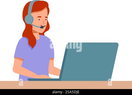 Jeune femme avec casque travaillant à domicile à l'aide d'un ordinateur portable. Une jeune femme utilise un ordinateur portable tout en travaillant à distance Illustration de Vecteur