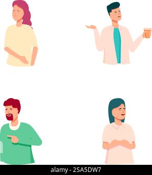 Illustration de quatre individus présentant une variété d'émotions et de gestes, isolés sur blanc. Ensemble de personnes diverses avec des expressions différentes Illustration de Vecteur