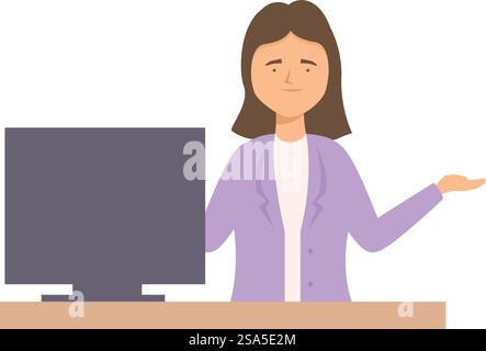 Femme d'affaires se tient près de la table et montre quelque chose avec sa main. Femme d'affaires présentant quelque chose près de l'écran d'ordinateur sur la table Illustration de Vecteur