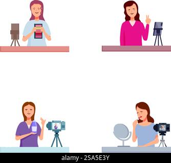 Illustrations mettant en vedette des podcasteurs avec microphones et matériel d'enregistrement dans diverses poses. Ensemble d'hôtes de podcast enregistrant des épisodes Illustration de Vecteur