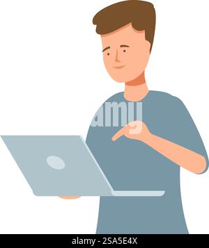 Le jeune homme tient son ordinateur portable et pointe vers l'écran tout en travaillant. Jeune homme pointant vers l'écran de l'ordinateur portable tout en travaillant Illustration de Vecteur