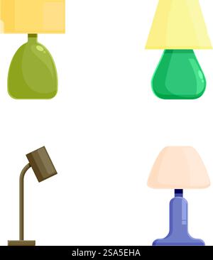 Collection de quatre lampes de table assorties avec différentes nuances et bases, isolées sur un fond blanc. Ensemble de quatre lampes de table de style différent Illustration de Vecteur