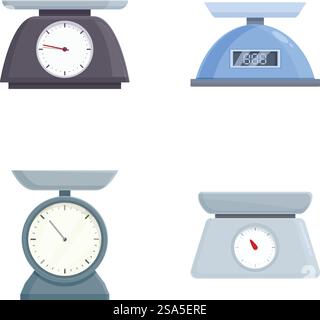 Graphiques vectoriels présentant quatre types de balances de cuisine, idéales pour la cuisine et les thèmes de cuisson. Ensemble de quatre illustrations de balance de cuisine Illustration de Vecteur