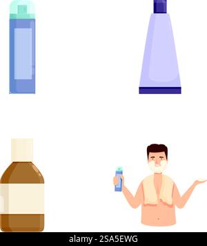 Illustration de divers récipients cosmétiques et un homme utilisant des soins de la peau. Ensemble de bouteilles cosmétiques et produit d'application d'homme heureux Illustration de Vecteur