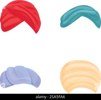 Les icônes traditionnelles de turban définissent le vecteur de dessin animé. Chapeau indien et arabe. Culture orientale, vêtements ethniques. Les icônes traditionnelles de turban définissent le vecteur de dessin animé. Chapeau indien et arabe Illustration de Vecteur