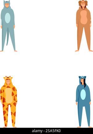 Collection de quatre illustrations représentant des personnes dans de mignons onesies animales, isolées sur blanc. Ensemble de gens de bande dessinée portant des costumes d'animaux Illustration de Vecteur