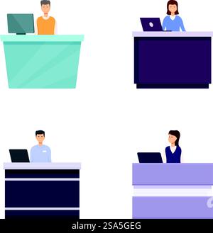 Quatre illustrations montrant divers agents du service clientèle travaillant sur des ordinateurs. Ensemble de représentants du service clientèle aux bureaux Illustration de Vecteur