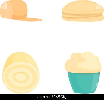 Ensemble de quatre icônes colorées de produits de boulangerie, y compris du pain et des pâtisseries. Collection d'illustrations de produits de boulangerie de dessin animé Illustration de Vecteur