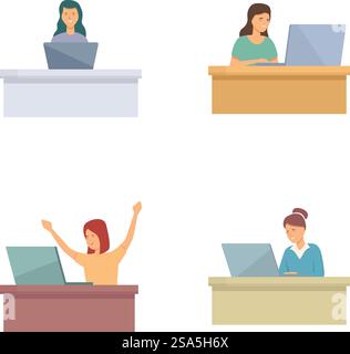 Ensemble illustratif de femmes dans les bureaux affichant différentes attitudes et étapes de travail. Les femmes à divers stades de leur travail et de leur réussite Illustration de Vecteur