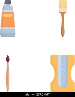 Collection d'icônes de fournitures d'art avec un tube de peinture, des pinceaux et un taille-crayon dans un design plat. Jeu d'icônes de fournitures d'art vectoriel Illustration de Vecteur