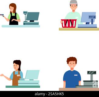 Quatre illustrations vectorielles montrant des individus dans divers scénarios de caisse. Illustrations du personnel pour diverses professions Illustration de Vecteur