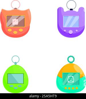 Quatre dispositifs virtuels pour animaux de compagnie aux couleurs vives, chacun avec un design unique, isolé sur fond blanc. Ensemble d'icônes colorées de jouets virtuels pour animaux de compagnie Illustration de Vecteur