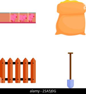 Collection d'icônes de ferme colorées, de cochons, de sac à grains, de clôture et de pelle. Ensemble d'icônes d'éléments d'exploitation Illustration de Vecteur
