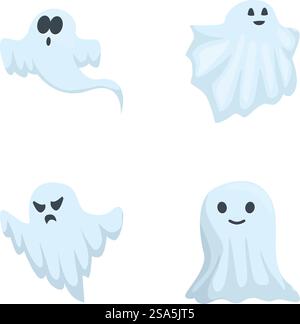 Collection d'illustrations fantômes de dessins animés mignons et ludiques pour les décorations d'halloween, mettant en vedette un ensemble de personnages amicaux et effrayants avec une variété d'expressions émotionnelles. Ensemble de quatre fantômes de dessin animé ludiques avec différentes expressions sur un fond blanc Illustration de Vecteur