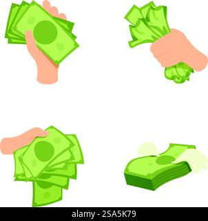 Ensemble de quatre illustrations vectorielles représentant des mains tenant de l'argent de différentes manières. Divers gestes de la main tenant de l'argent illustrations Illustration de Vecteur