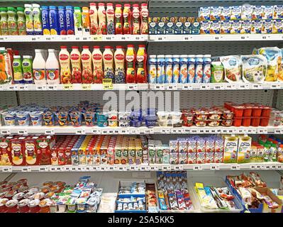 Assortiment de produits laitiers sur les étagères des épiceries. Banque D'Images