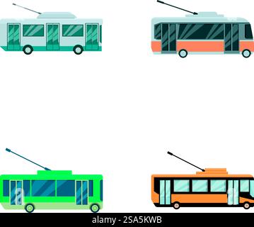 Collection de quatre trolleybus de style différents adaptés aux concepts de transport public urbain. Ensemble de trolleybus urbains modernes isolés sur blanc Illustration de Vecteur