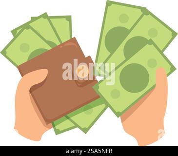 Mains prenant ou mettant de l'argent dans le portefeuille en cuir marron. Personne tenant un portefeuille et comptant des billets d'argent Illustration de Vecteur