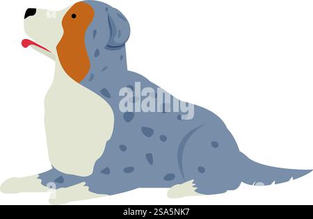 Blue merle chien berger australien allongé et haletant, vue de côté, dans le style dessin animé. Chien berger australien Blue merle qui s'allonge et halète Illustration de Vecteur