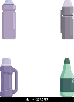 Illustration vectorielle de quatre styles différents de bouteilles d'eau pour l'hydratation. Ensemble de quatre bouteilles d'eau isolées sur fond blanc Illustration de Vecteur