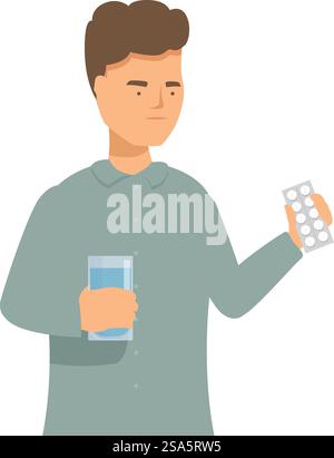 Le jeune homme tient un verre d'eau et un blister de pilules, se préparant à prendre ses médicaments. Jeune homme tenant des pilules et un verre d'eau pour le traitement Illustration de Vecteur