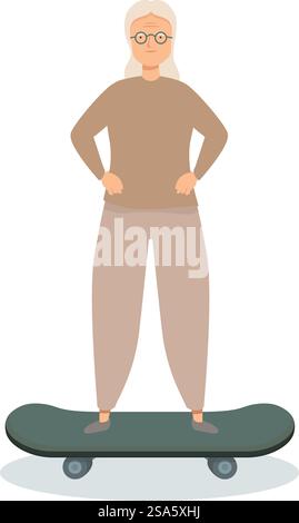 La femme âgée confiante est debout sur un skateboard, embrassant un style de vie actif. Femme senior déterminée debout sur le skateboard prêt à rouler Illustration de Vecteur