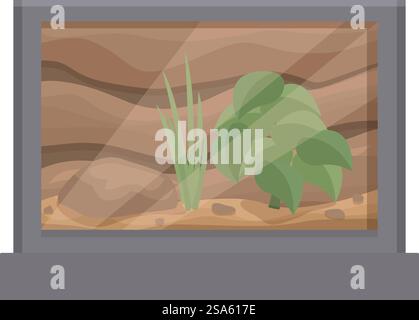 Terrarium en verre vide avec terre, sable, plantes vertes et fond en bois, prêt pour un animal. Terrarium vide avec de la terre et des plantes attend l'animal Illustration de Vecteur