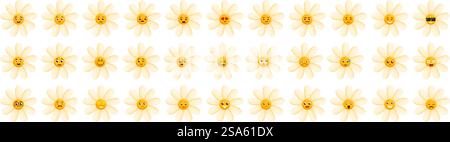 Jeu d'icônes de sourire de camomille. Grand ensemble de fleurs jaunes Marguerites avec différentes émotions exprimant différents sentiments tels que la joie, la tristesse, la colère, l'amour, la surprise et plus encore. Jeu d'icônes de sourire de camomille. Grand ensemble de fleurs jaunes Marguerites avec différentes émotions exprimant différents sentiments Illustration de Vecteur