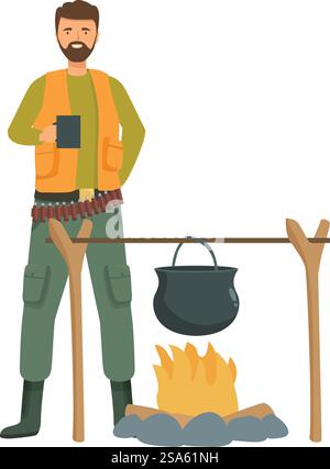 Hunter déguste une tasse de café près du feu de camp après une longue journée de chasse. Chasseur buvant du café près d'un feu de camp avec pot suspendu Illustration de Vecteur