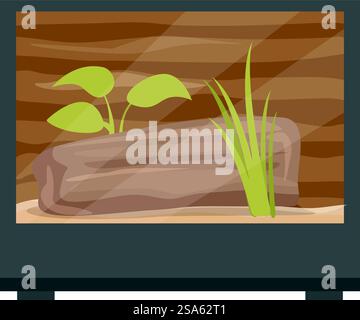 Terrarium en verre avec toit ouvert, avec un substrat sablonneux, des plantes vertes et un fond en bois. Terrarium vide avec substrat, plantes et fond en bois Illustration de Vecteur