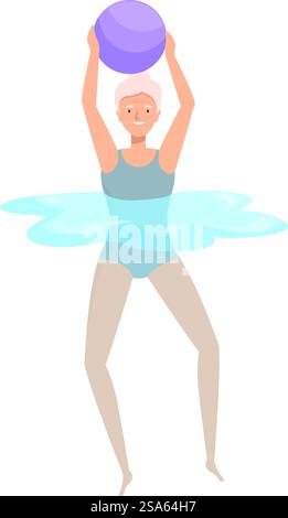 Une femme âgée profite de sa retraite en participant à l'aérobic aquatique. Femme senior soulevant ballon de fitness tout en faisant de l'exercice dans la piscine Illustration de Vecteur