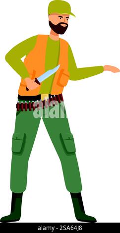 Chasseur tenant le couteau de chasse portant la ceinture de balle debout illustration. Hunter tient un couteau de chasse et porte une ceinture à balles Illustration de Vecteur