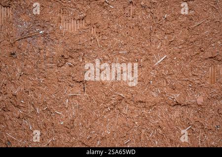 Un mur brun avec beaucoup de saleté et de débris dessus. Le mur est en bois et a une texture rugueuse Banque D'Images