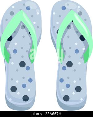 Tongs grises avec un motif de pois noirs et blancs et des sangles vert clair, parfaites pour une journée de détente à la plage. Paire de tongs grises et vertes pour des vacances à la plage Illustration de Vecteur