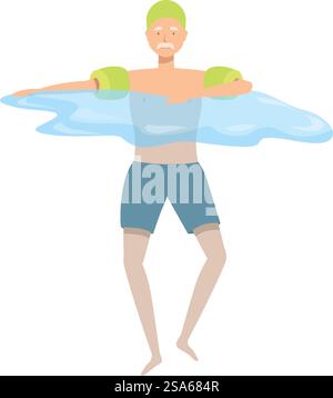 Homme senior portant des brassards profitant de cours d'aérobic aquatique, s'exerçant dans la piscine. Homme senior portant des brassards faisant de l'aérobic aquatique s'exerçant dans la piscine Illustration de Vecteur