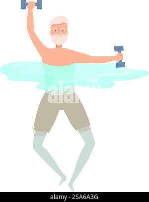 Homme senior profitant de l'aérobic aquatique, soulevant des haltères dans la piscine. Homme senior soulevant des haltères faisant de l'aérobic aquatique Illustration de Vecteur