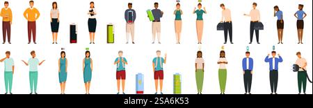 Rechargez les icônes humaines définies. Les gens se sentent bien et mal avec l'icône de batterie pleine et vide représentant le niveau d'énergie et de fatigue. Rechargez les icônes humaines définies. Groupe de gestionnaires et d'étudiants montrant différents niveaux d'énergie avec des icônes de batterie Illustration de Vecteur