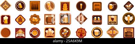 jeu d'icônes de dessous de verre de bière. Ensemble de dessous de verre de bière avec verres, bouteilles, tasses, tonneaux et blé pour brasserie, pub ou oktoberfest. jeu d'icônes de dessous de verre de bière. Ensemble de dessous de verre de bière avec verres, bouteilles, tasses, tonneaux et blé pour brasserie, pub Illustration de Vecteur