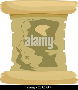 L'ancienne carte au trésor est déroulée, révélant une carte dessinée à la main avec une ligne pointillée menant au trésor enfoui marqué par un x. L'ancienne carte au trésor montrant le chemin vers x marque l'endroit Illustration de Vecteur