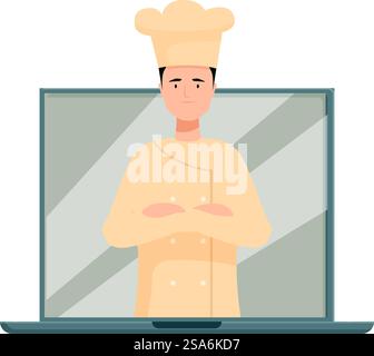 Chef professionnel est debout à l'intérieur d'un écran d'ordinateur portable, suggérant un cours de cuisine en ligne ou un cours culinaire. Chef de cours de cuisine en ligne à l'aide d'un ordinateur portable pour la classe culinaire Illustration de Vecteur