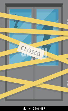 Illustration d'une porte de magasin fermée, montrant du verre brisé et du ruban d'avertissement, illustrant le concept de faillite. Porte de magasin fermée avec verre brisé et ruban d'avertissement illustrant la faillite Illustration de Vecteur