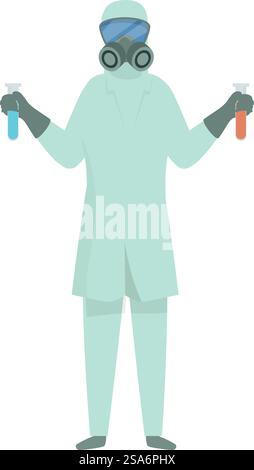 Scientifique mène des recherches dans un laboratoire tout en portant une combinaison de protection et un masque à gaz, tenant deux tubes à essai. Scientifique portant une combinaison de protection et un masque à gaz tenant des tubes à essai Illustration de Vecteur