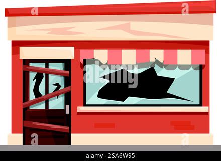 Magasin abandonné avec porte fermée et fenêtre cassée illustrant la faillite. Embarqué dans un magasin avec une fenêtre cassée montrant les conséquences de la crise financière Illustration de Vecteur